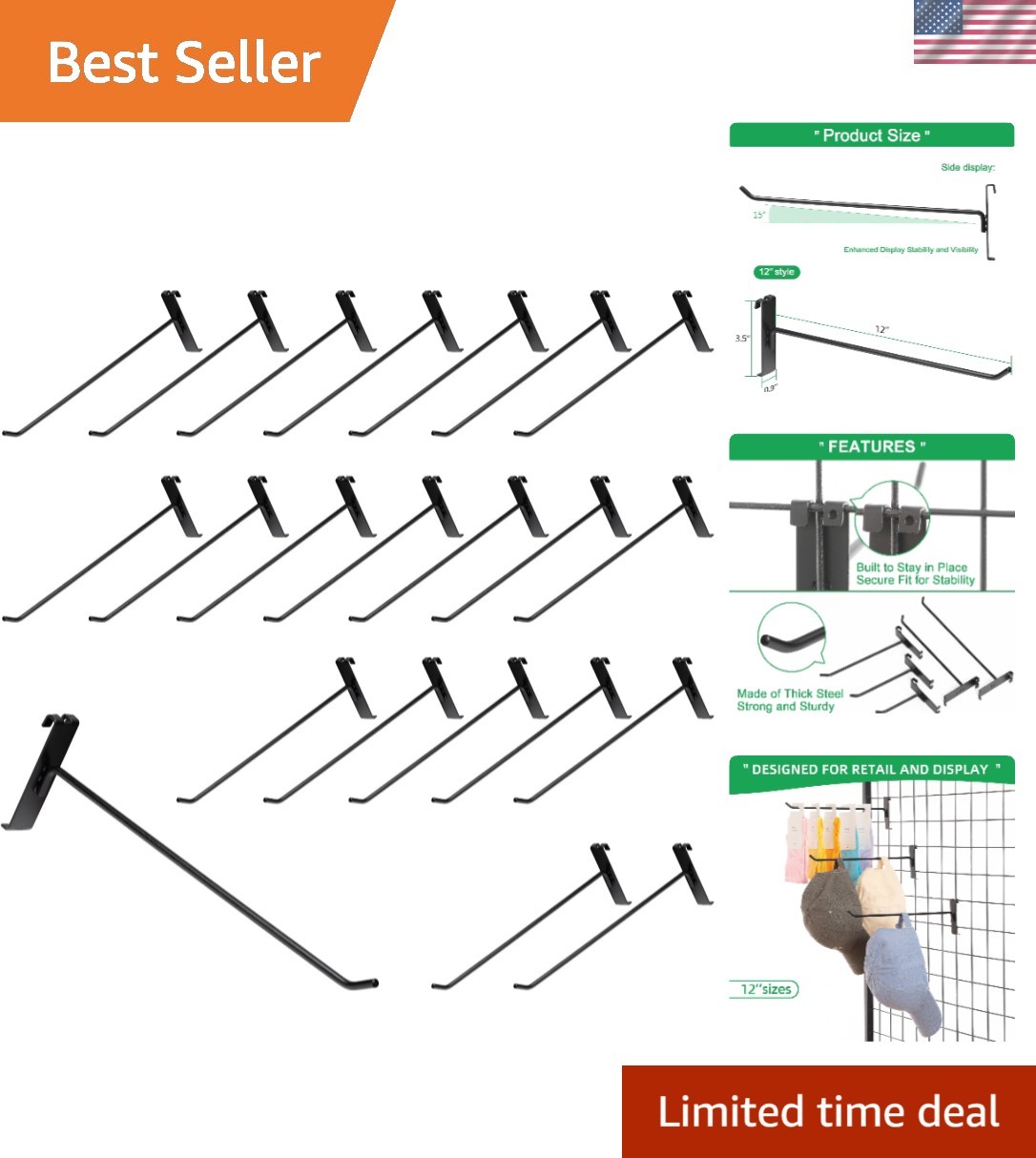 12 Inch , Grid Panel Hanging Hooks for Retail, Home, and Workspace Organizati...