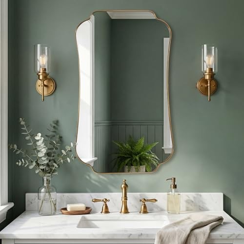  24"x40" Gold Mirror, Brushed Brass Scalloped Wall 40"L x 24"W Brushed Gold