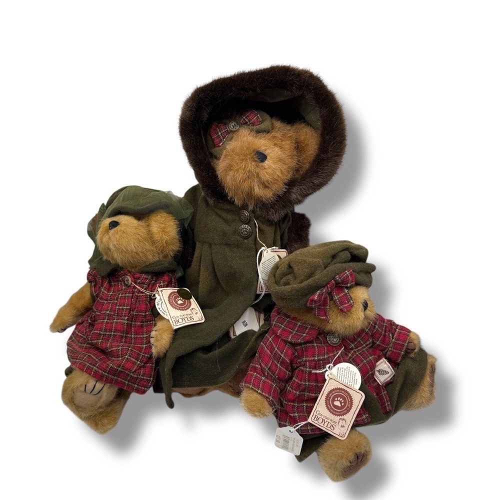 Boyds Bears Plush Set of 3 NWT Brown T.J.'s Best Dressed Plaid Coat Tags