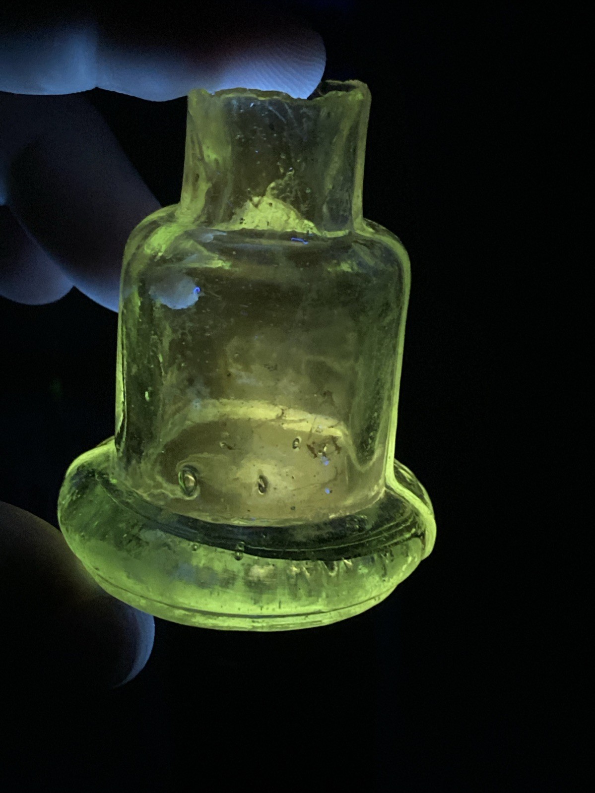 ANTIQUE Aqua Green UV GLOW Ink Bottle With Sheared Neck Rough Acorn Bell Shaped