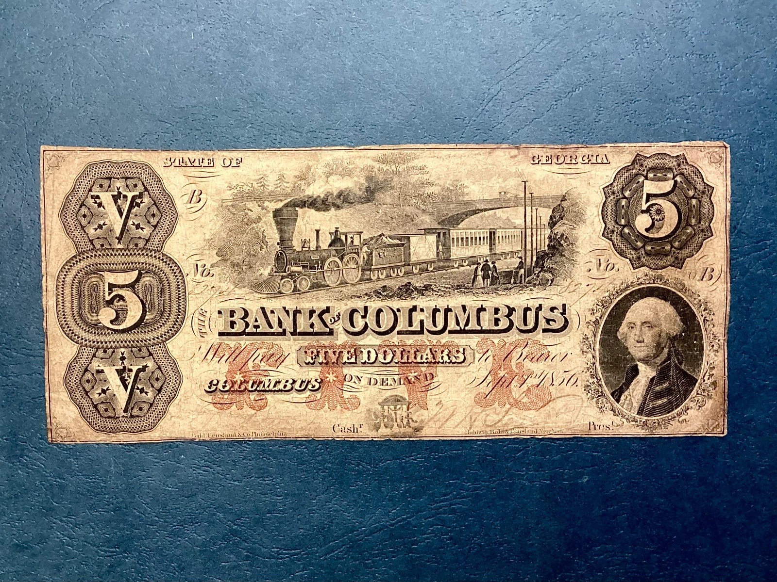 ~ 1856 $5 FIVE DOLLARS  - THE BANK OF COLUMBUS GEORGIA - TRAIN VIGNETTE