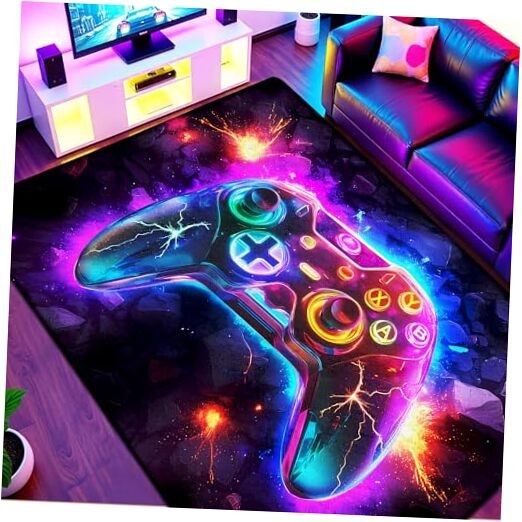 5x7 ft Neon Gaming Area Rug for Boys Room, Colorful Game Controller Carpet for 
