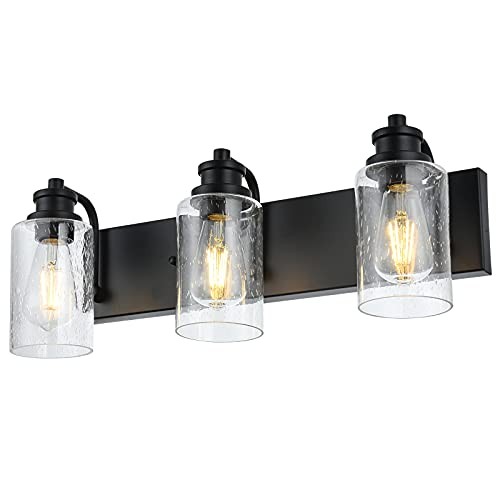 s Black Vanity Light Fixtures Over Mirror with 3 Light Seedy Glass