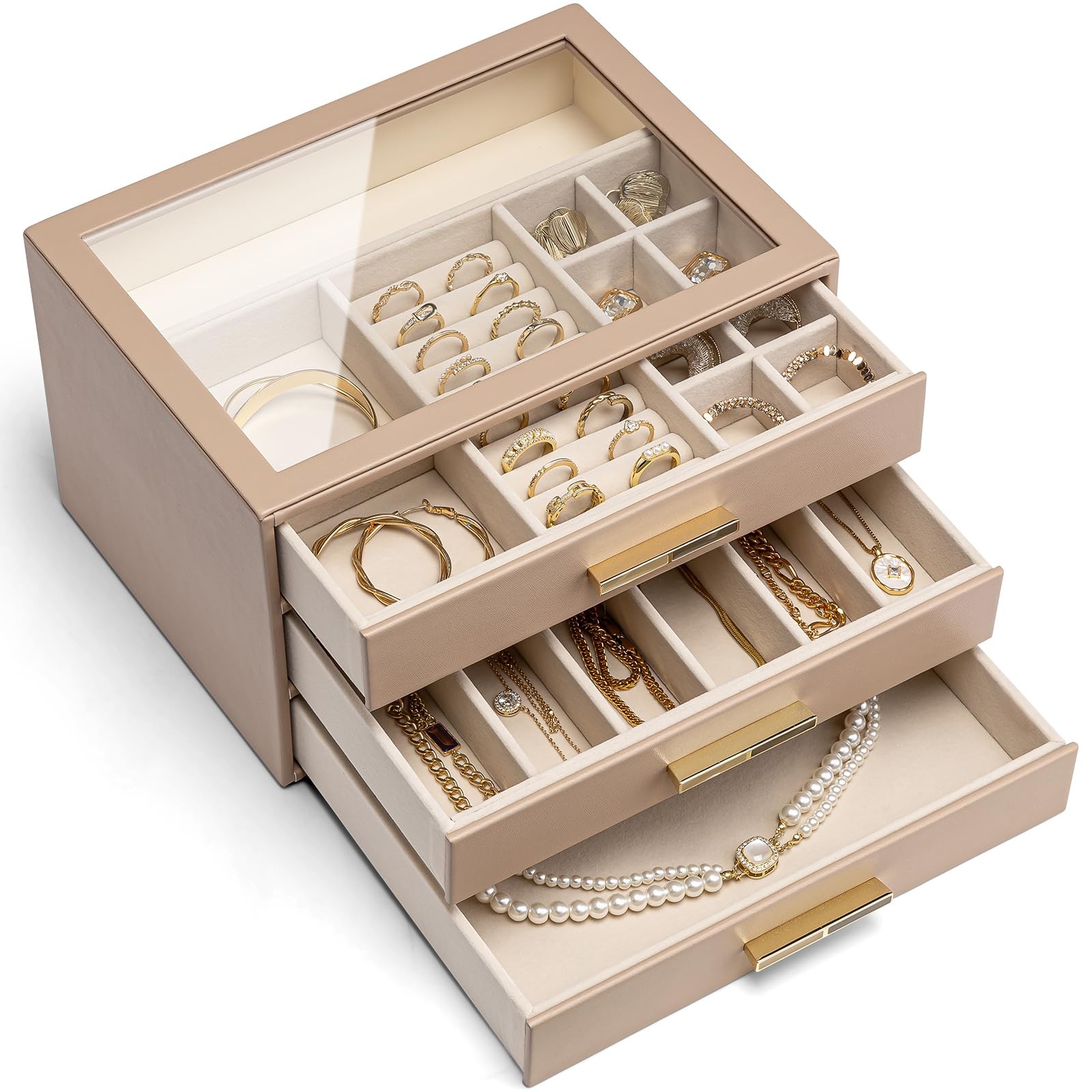 Jewelry Box for Women, 3-Layer Jewelry Organizer with Drawers, Glass Lid Disp...