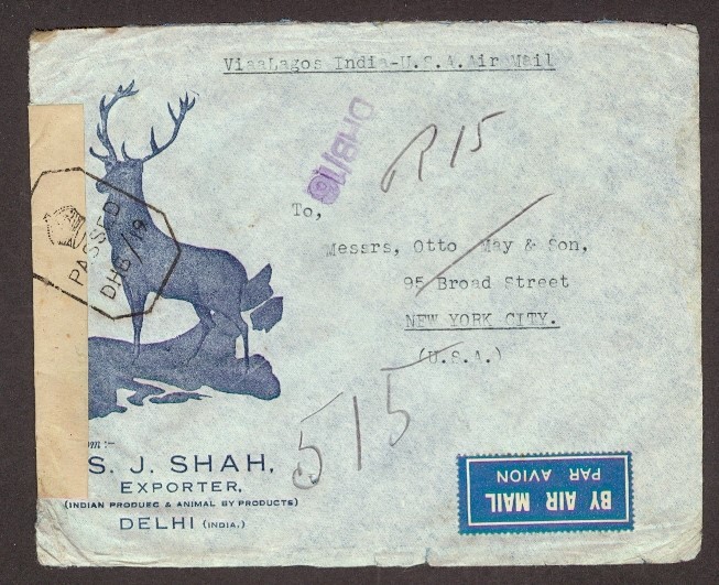 INDIA 1944 ANIMAL ILLUSTRATED CENSOR AIR TO USA