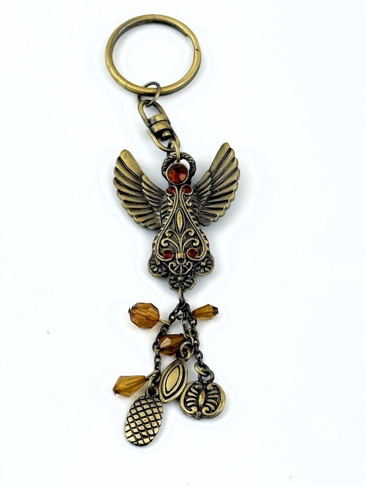 Angel Dangling Keychain Filigree Brass Tone Metal Hanging Beads Charms Keychain