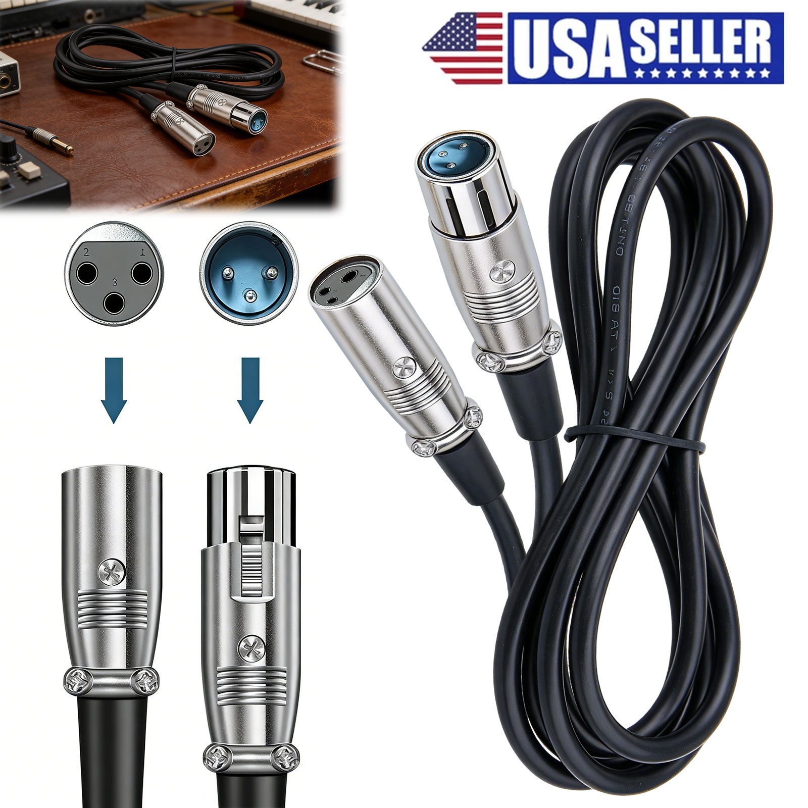 2X LR Male to Female Microphone Cable Balanced 3Pin Mic Connector Extension Cord