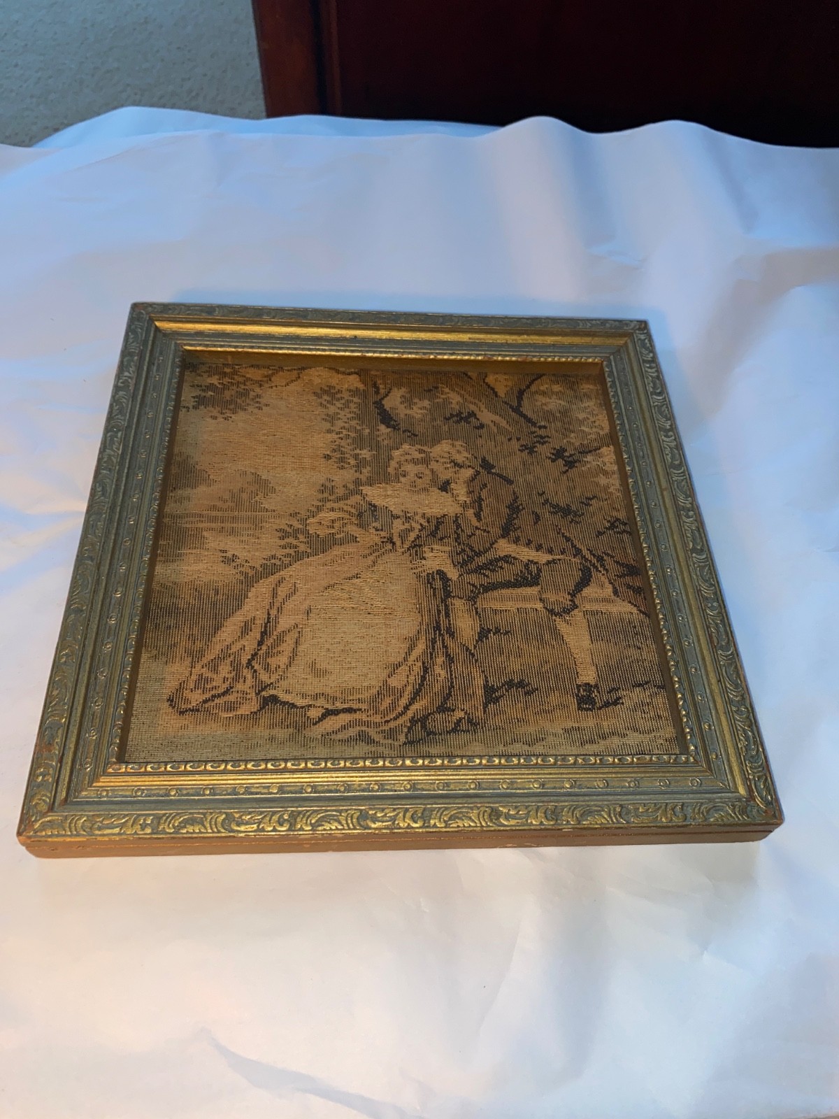 10” x 10”  Gold Wood Antique framed tapestry, Victorian-style courting couple