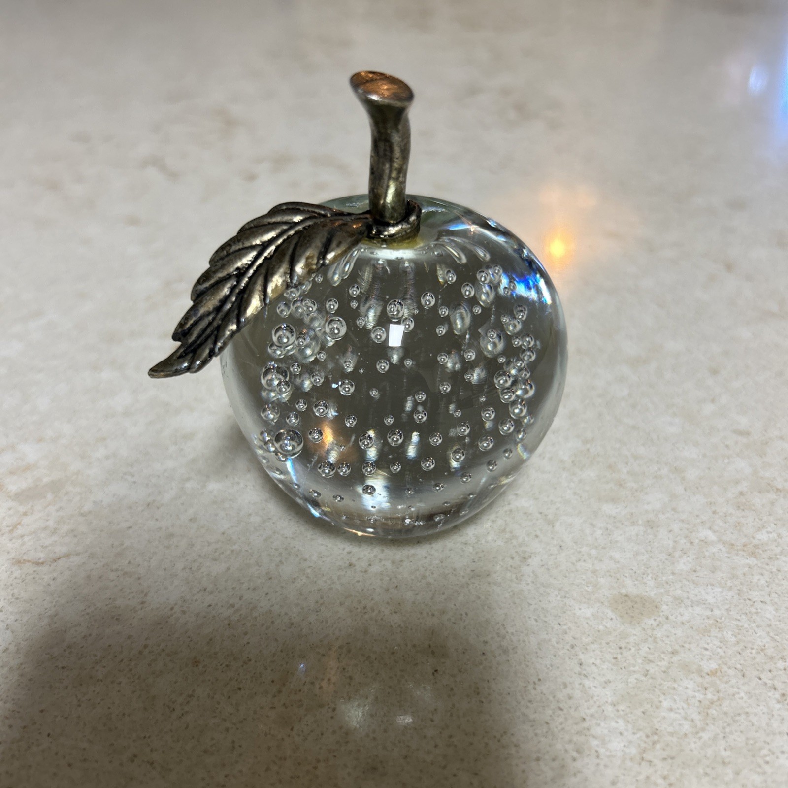 Vintage Glass Paperweight Apple With Brass Stem and Controlled Air Bubbles