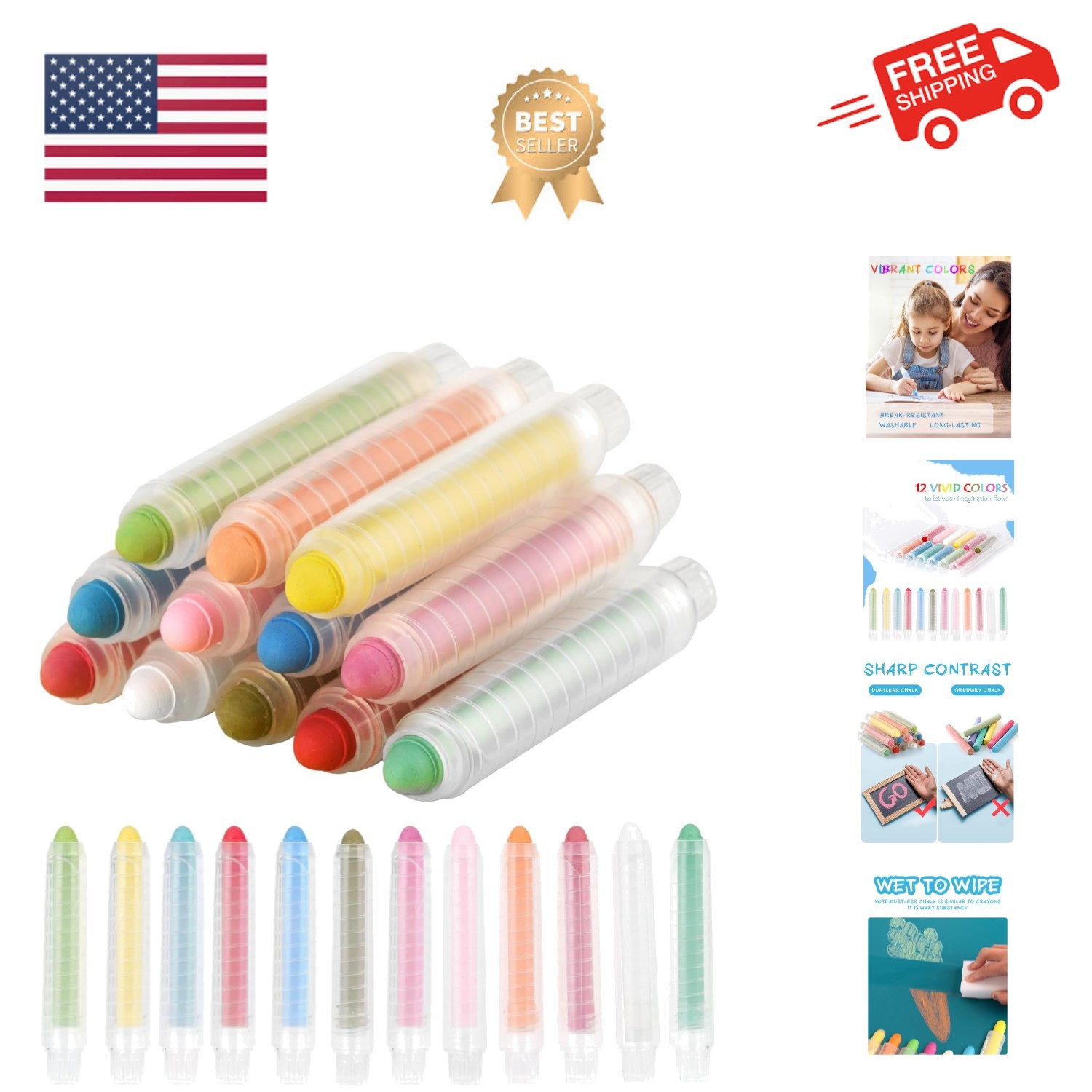 Dustless Chalk for Kids, Colored Sidewalk Chalk With Holder,Non-Toxic Washabl...