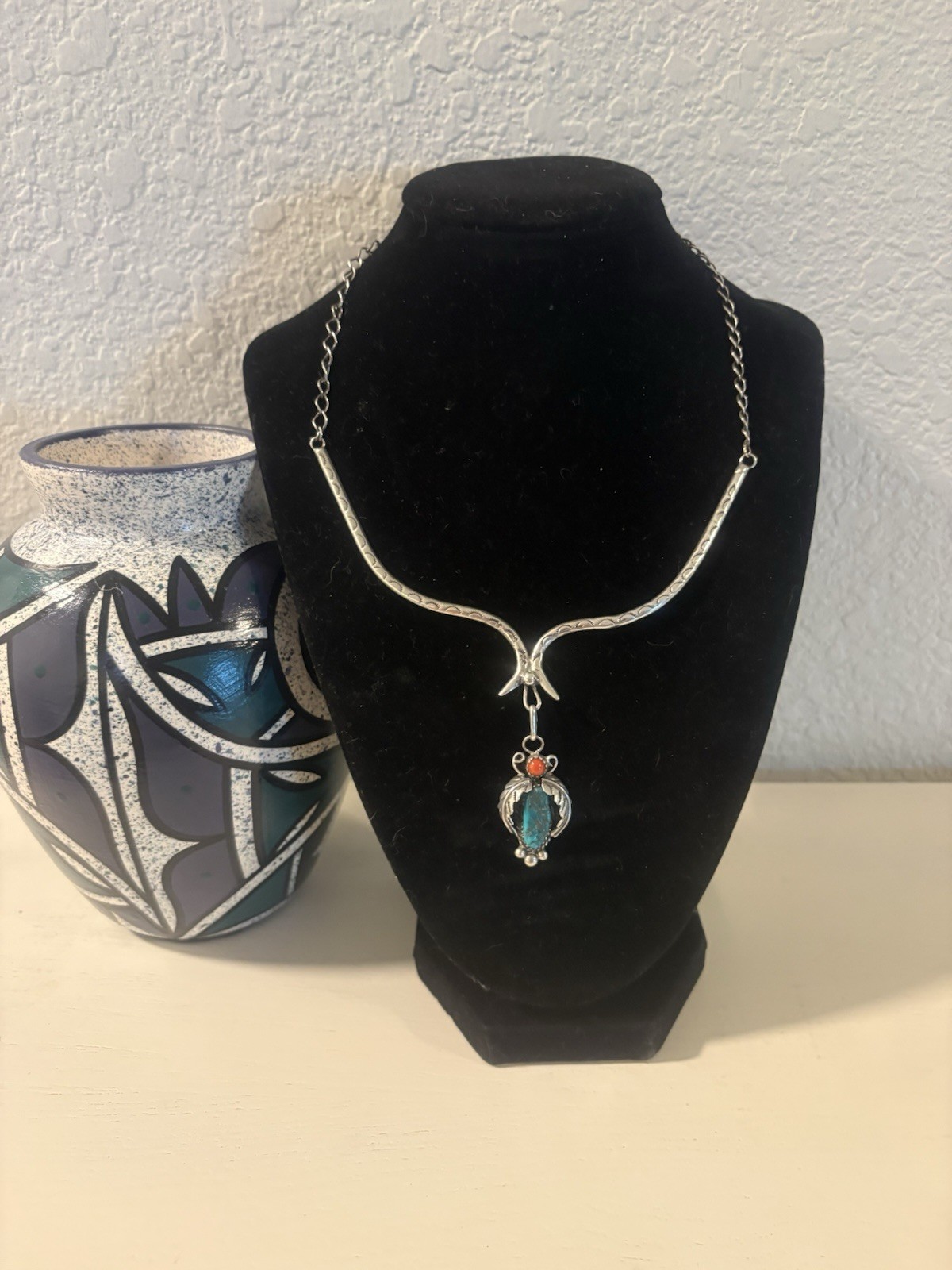 SS Native American Pendant Necklace with coral and turquoise on,Cable Chain