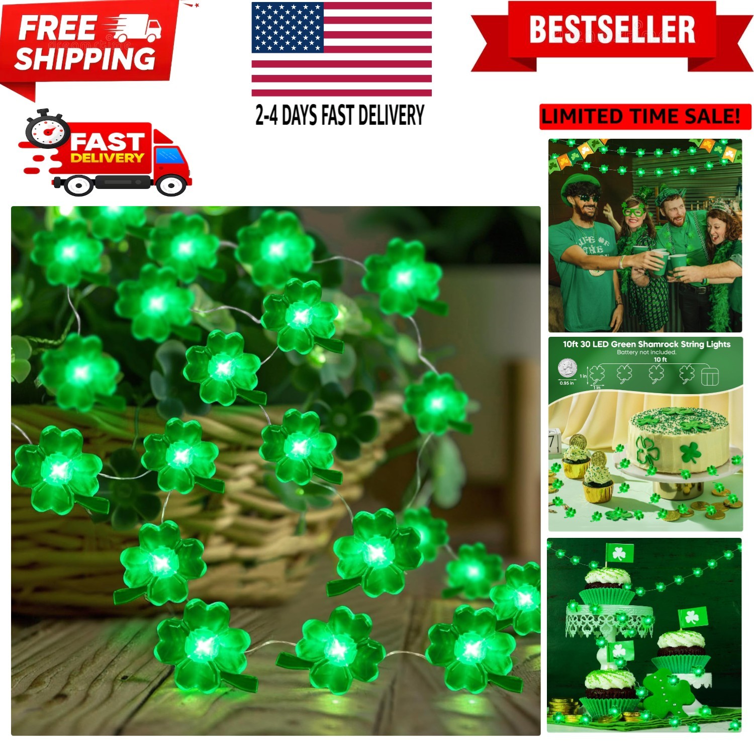 St Patricks Day Decorations String Lights, 10FT 30LED Green Shamrock String L...