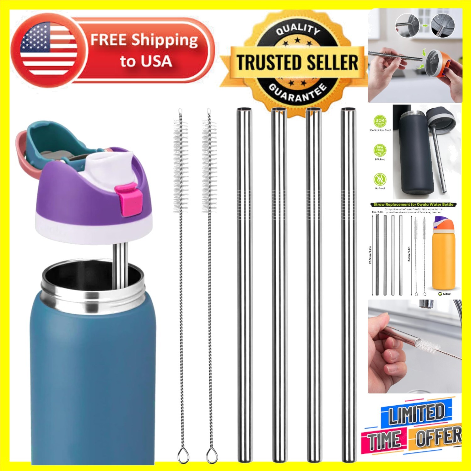 Eco-Friendly Replacement Straws for Owala Bottles - 4 Reusable Straws & Brushes