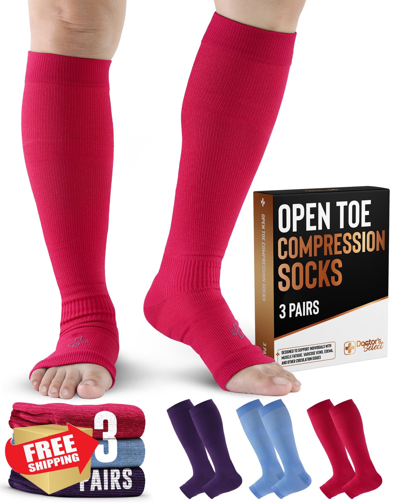 Doctor's Select Copper Toeless Compression Socks, 3 Pairs Knee High