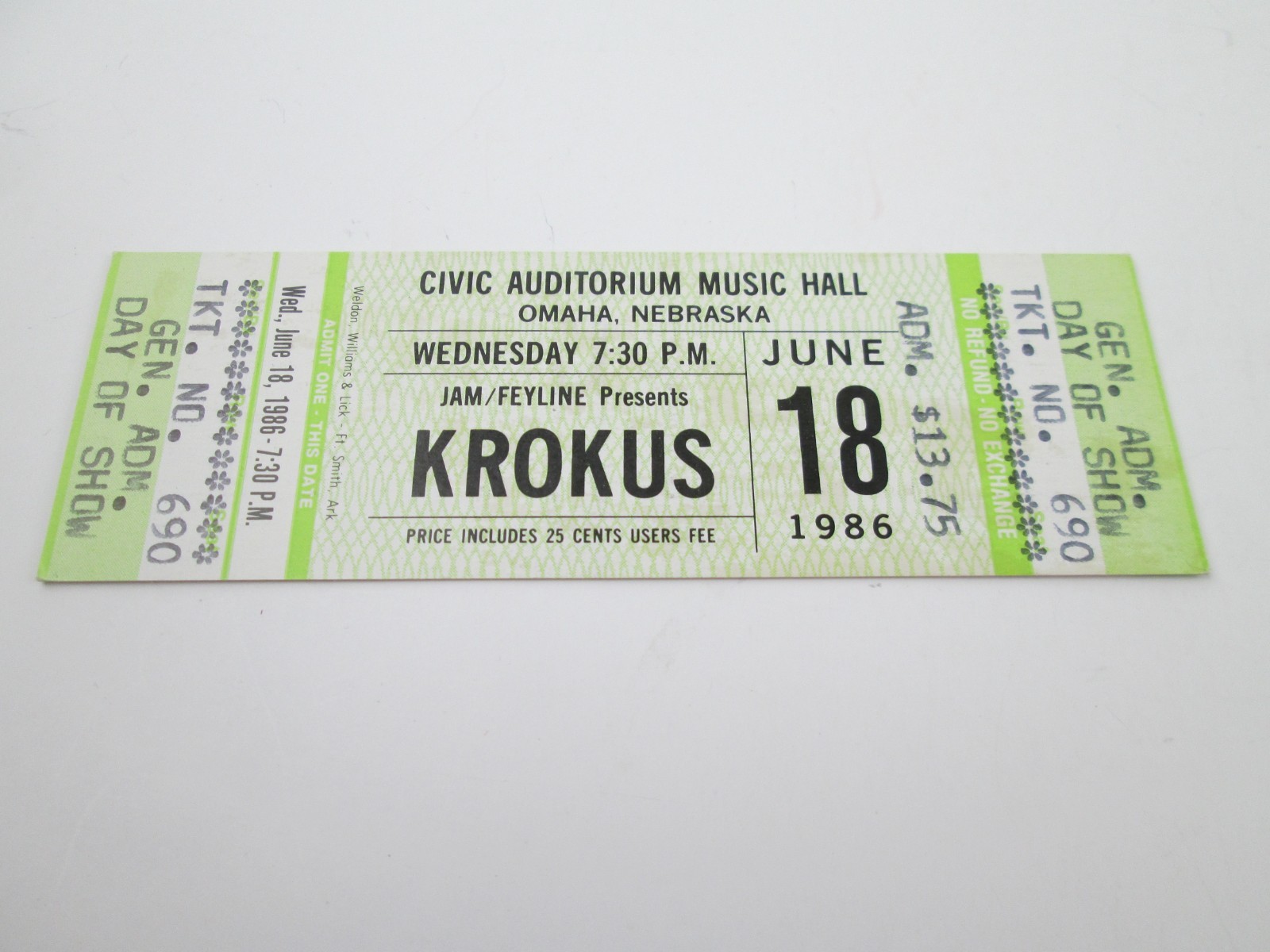 KROKUS Unused Concert Ticket  Omaha NE 6/18/1986 Civic Auditorium