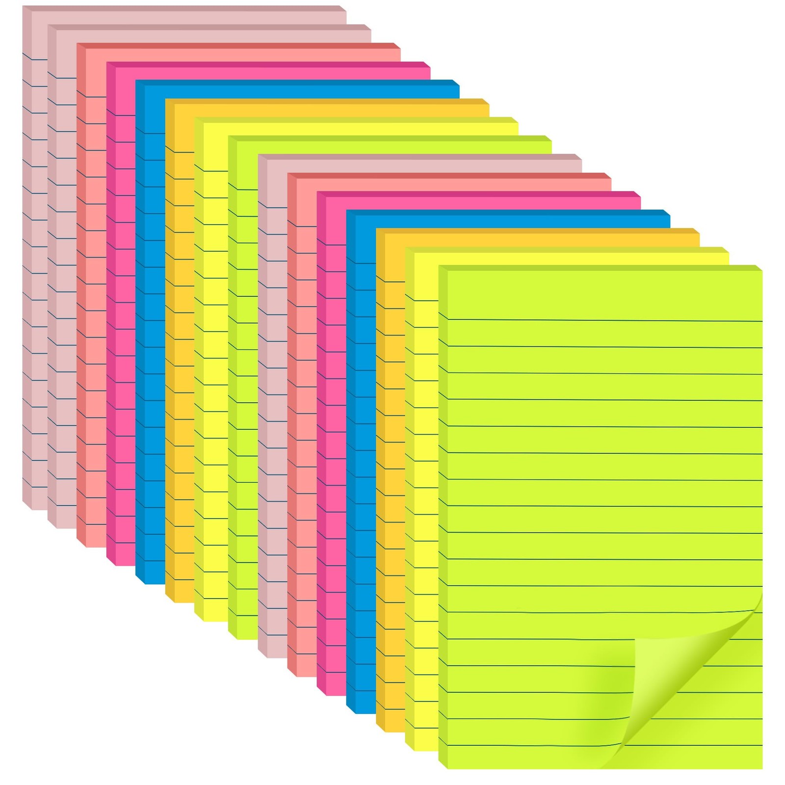 (15 Pads) Lined 4x6 in, Red, Yellow, Orange, Green, Blue, Purple and Pink 
