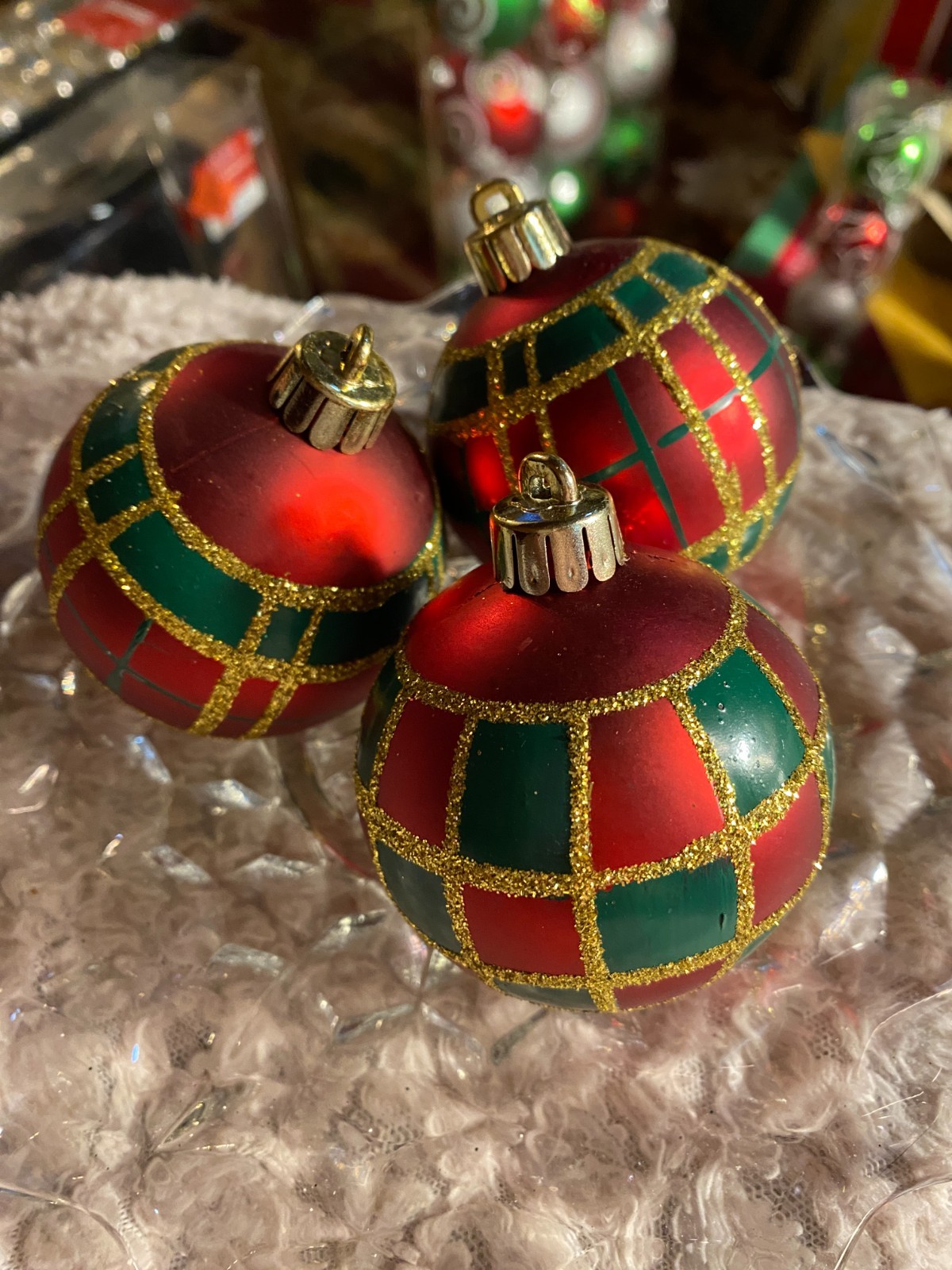 3 Red Green Gold w Glitter Check Shatterproof Christmas Ornaments 2"