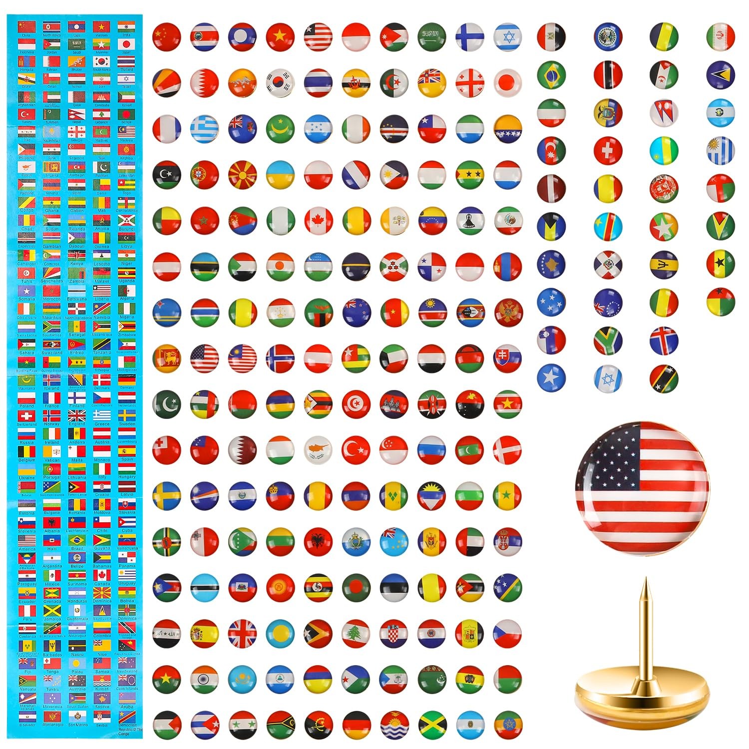 200pcs National Flag Thumb Tacks, Creative Country Push Pins Small, Gold 