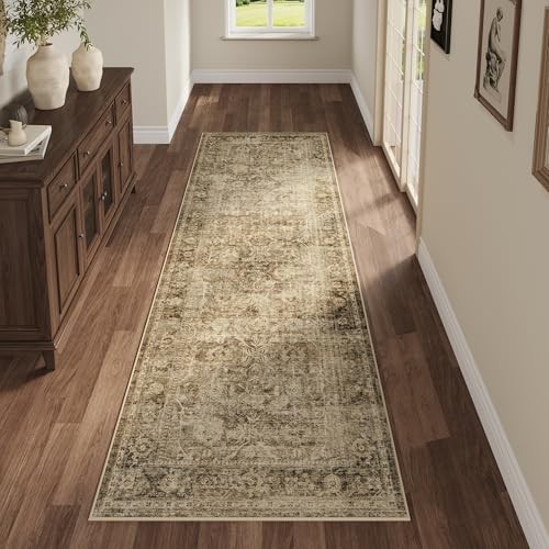  2x5 Washable Runner Rug Brown Vintage Neutral Distressed Non Slip Low Pile 