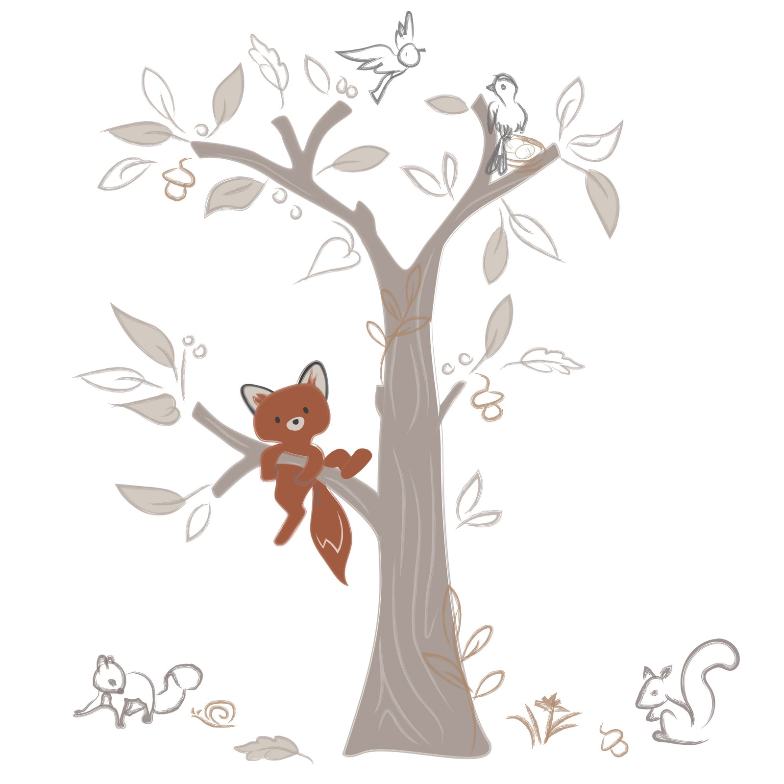 Lambs & Ivy Treetop Fox Beige Tree w/ Woodland Animals Wall Decals/Stickers