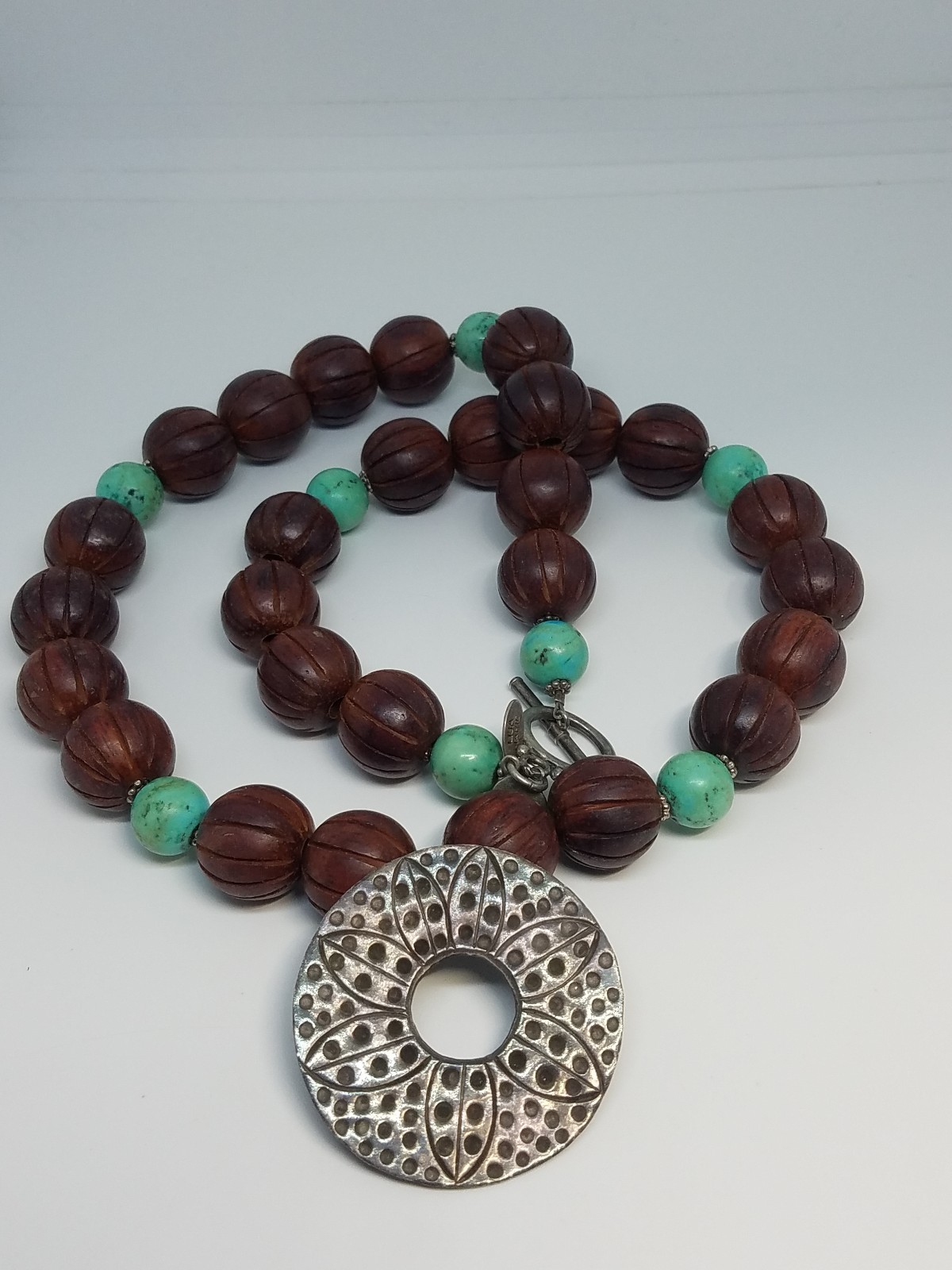 Lisa Marie Sterling Silver Wood Bead Faux Turquoise Toggle Clasp Necklace