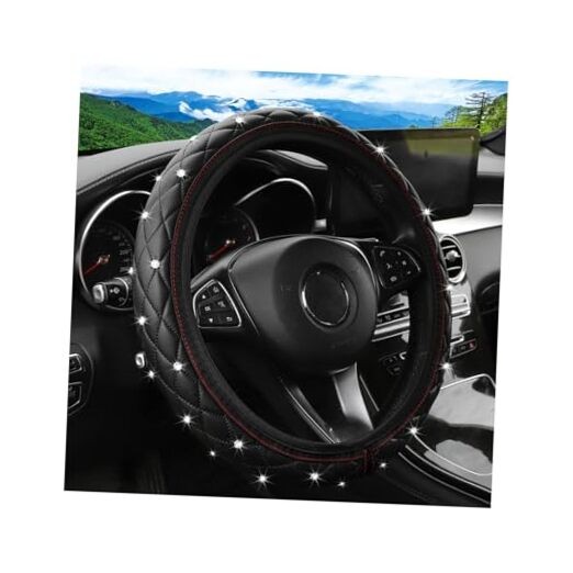 Bling Car Steering Wheel Cover, Non-Slip Elastic Stretch Leather Auto Black