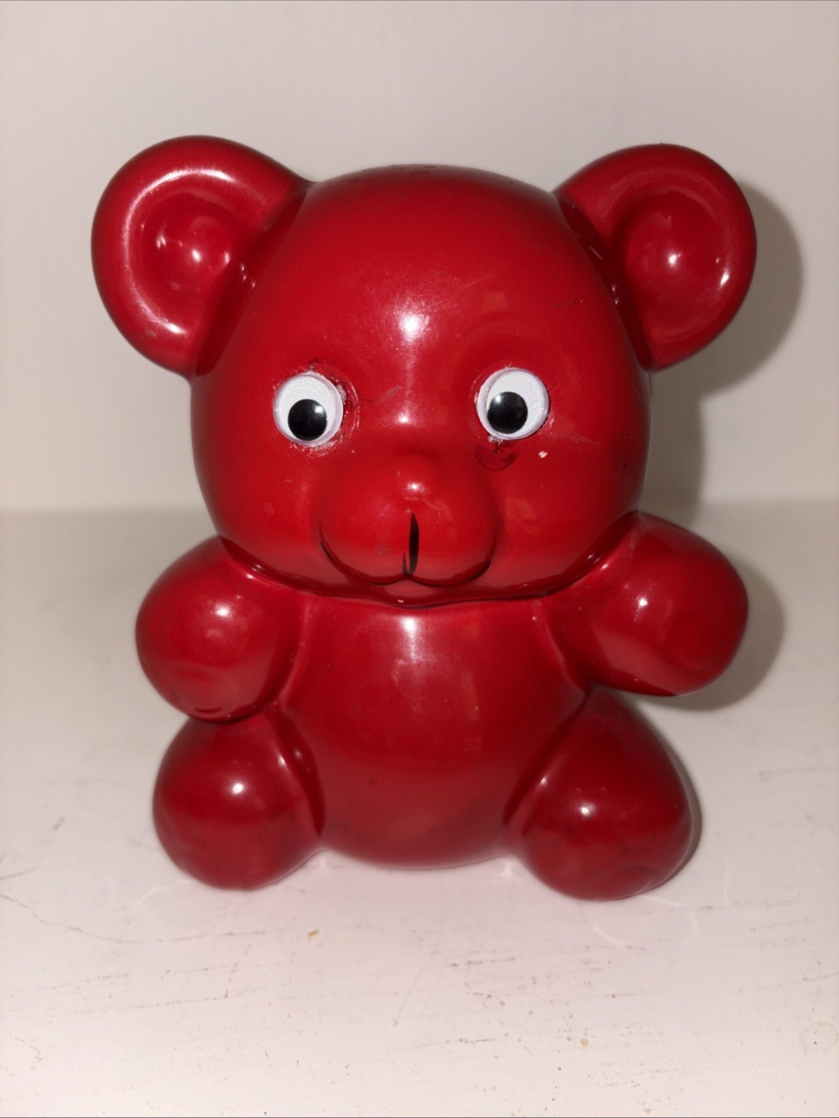 Vintage 5” Ceramic Red Teddy Bear Coin Bank/Taiwan Googly Eyes MCM.