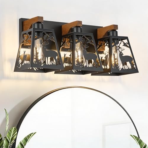 Farmhouse Rustic Bathroom Light Fixtures Wooden Vanity Lights for 3 Light Deer