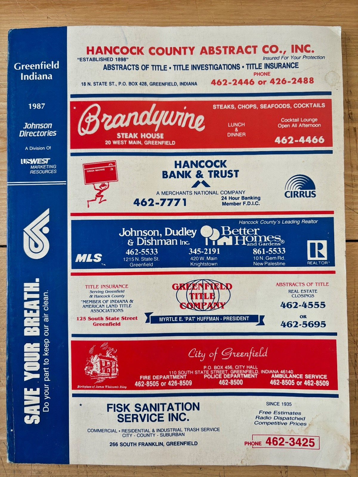 City Directory Greenfield Indiana Vintage 1987 Soft Cover Johnson Publishing Co