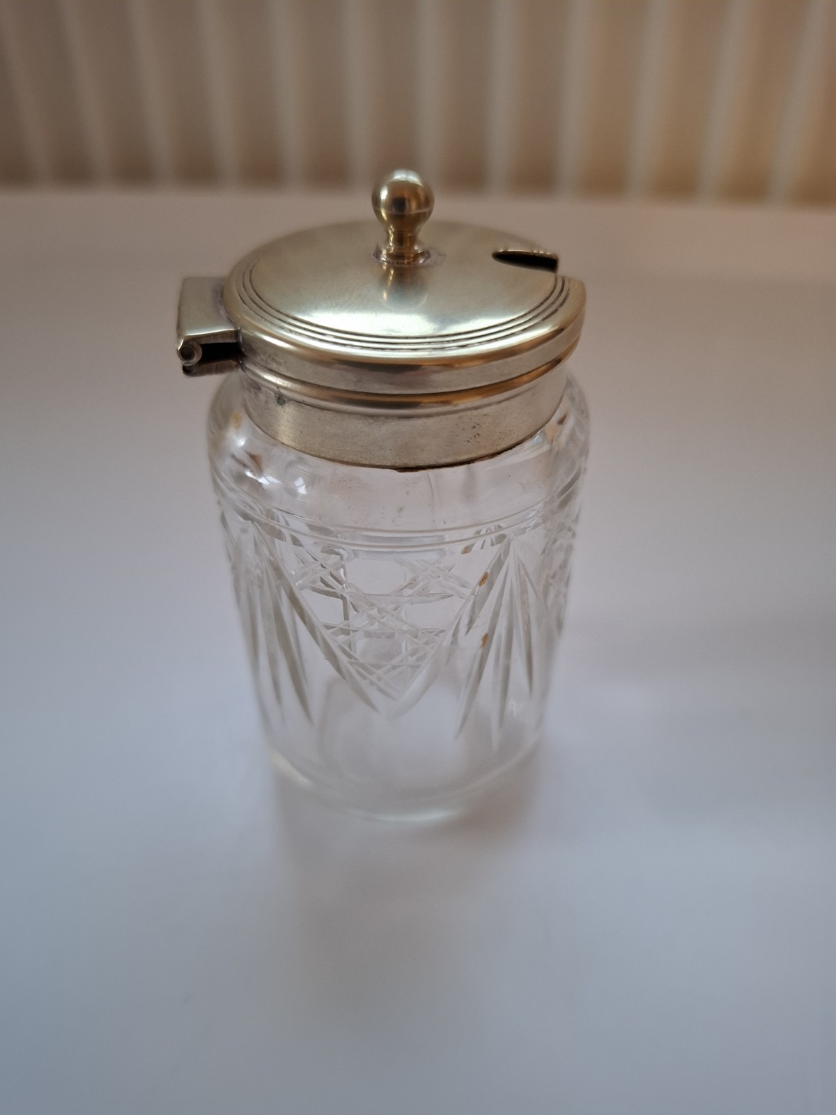 Antique Vintage Cut Glass Condiment Jar EPNS Silver Plated Hinged Lid  Early C20