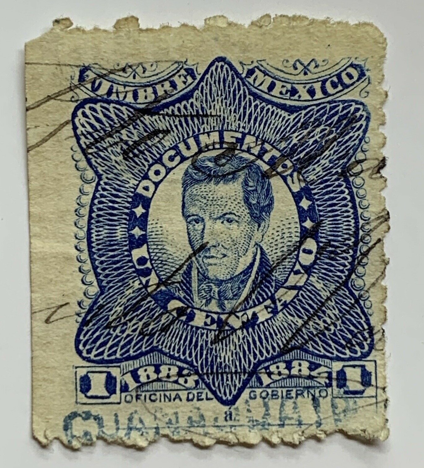 1884 MEXICO REVENUE STAMP WITH HANDWRITTEN CANCEL AND BLUE CANCEL AT BOTTOM