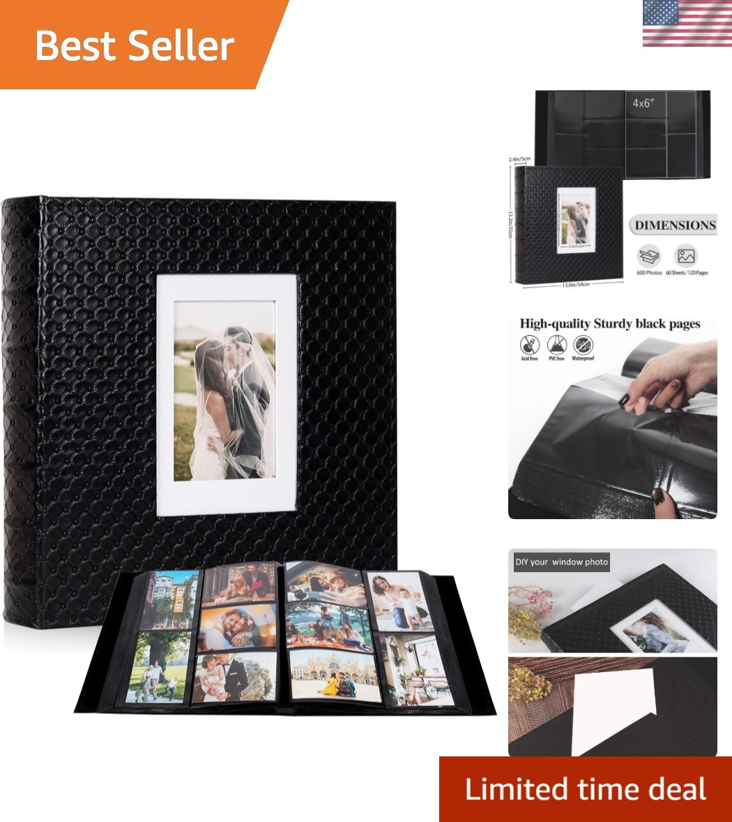 Photo Album for 4x6 Pictures 600 Pockets Black Inner Page Button Grain Leathe...