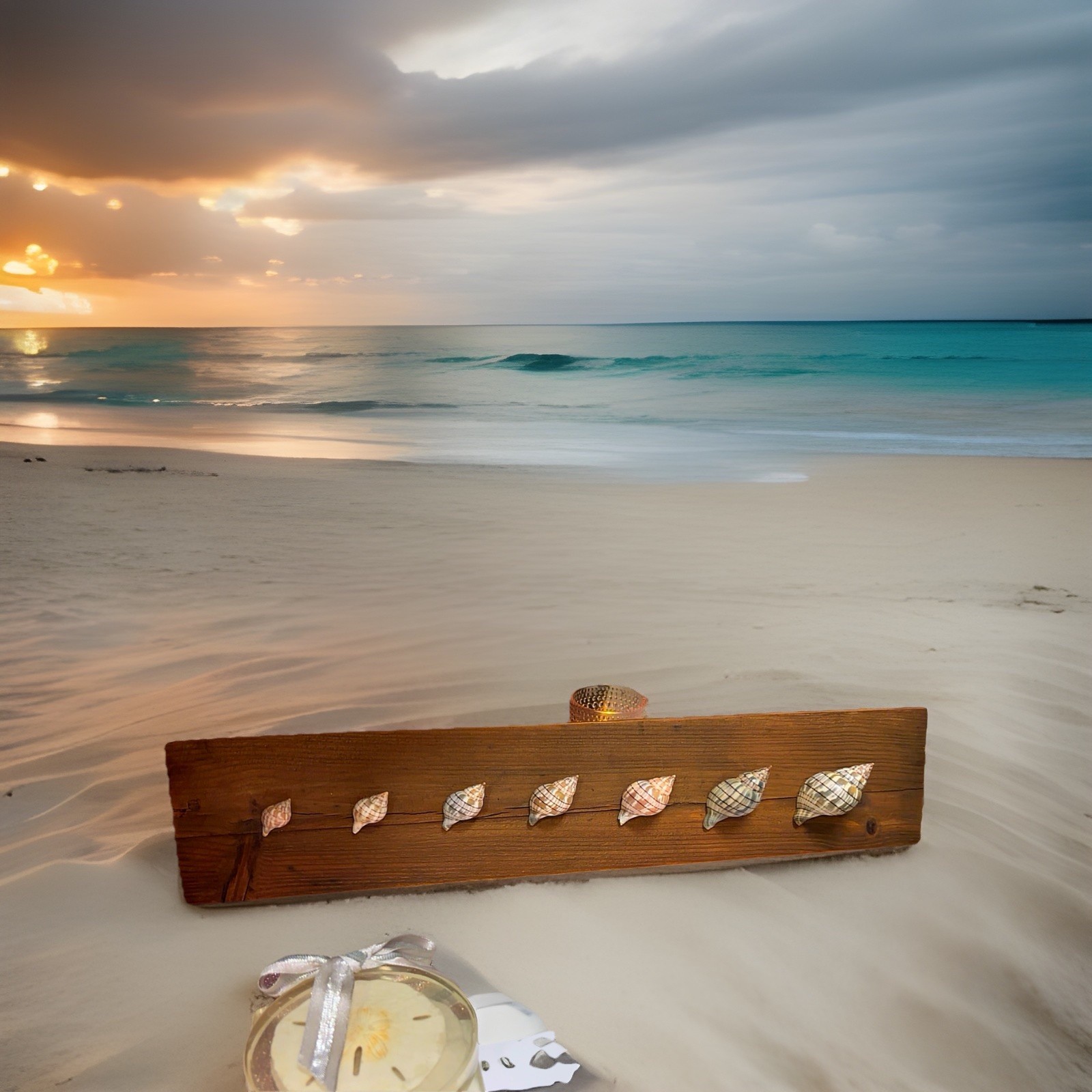 TULIP SHELLS ASSORTED SIZES Mounted 17x3.5 HANDMADE COASTAL SHELL ART