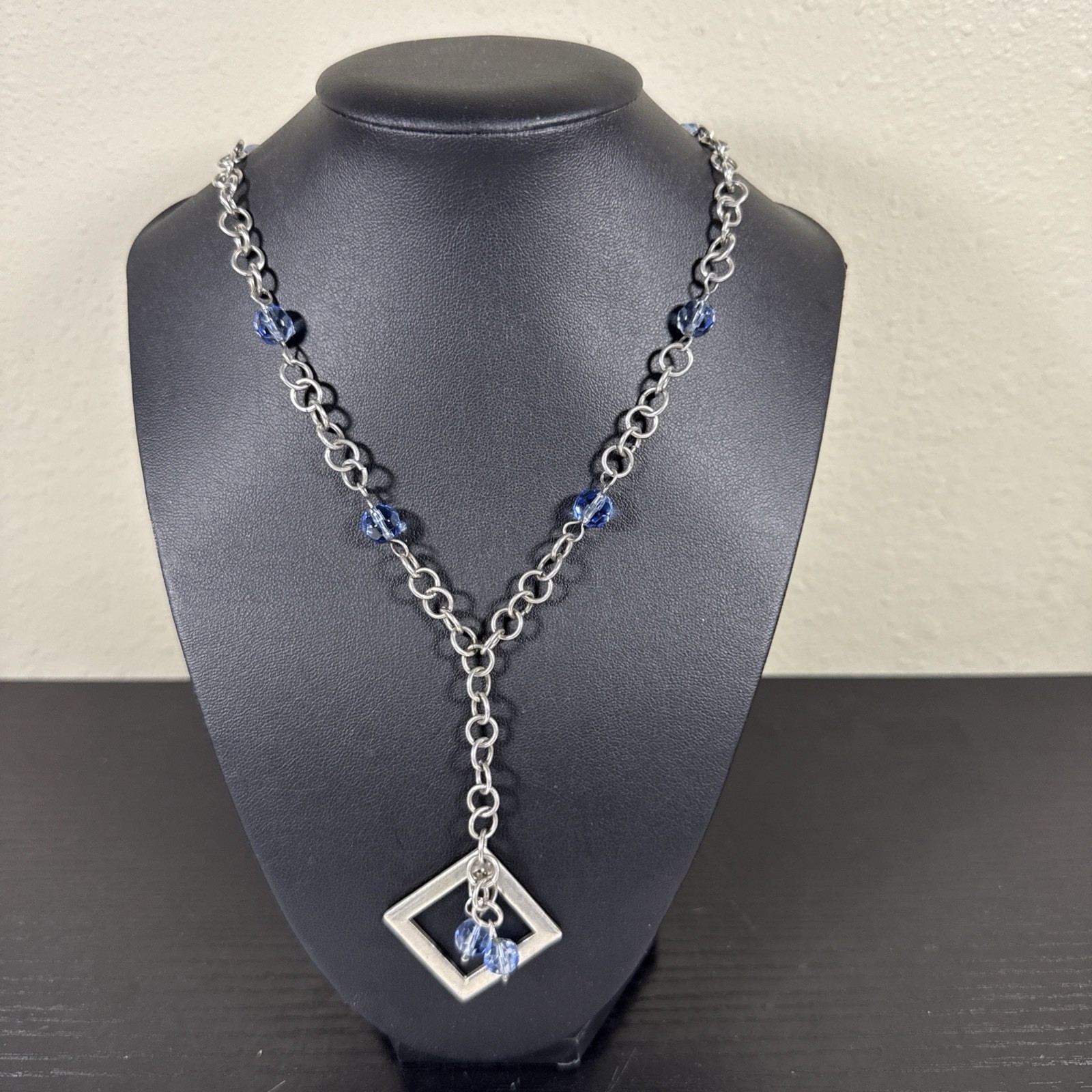 Artisan Crafted Sterling Silver Blue Bead Square Pendant Y Drop Necklace 30gr