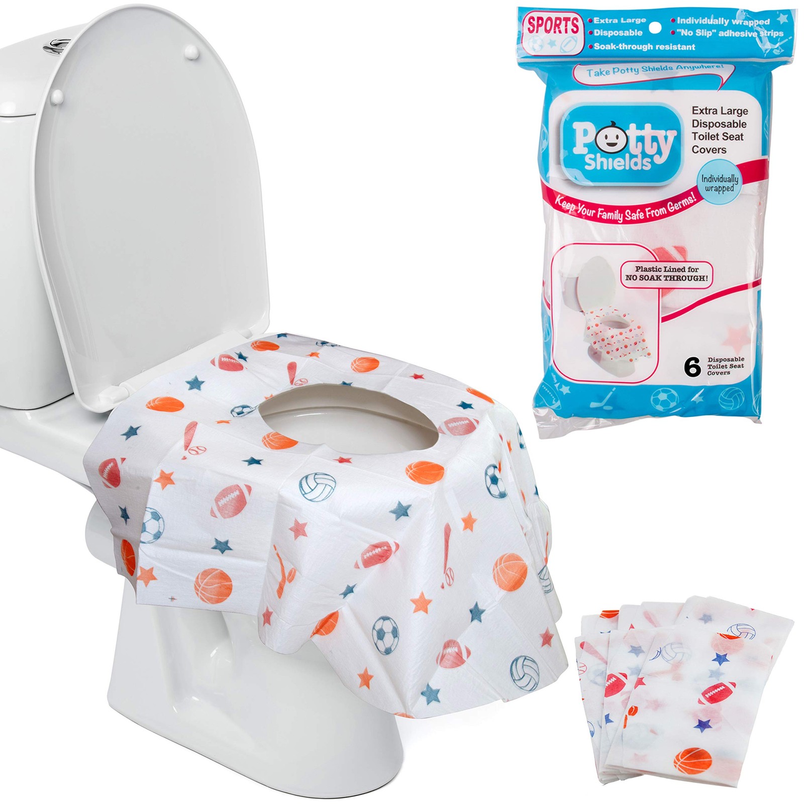 Potty Shields Toilet Seat Covers Disposable (6 Pack, Sports) - XL Waterproof ...