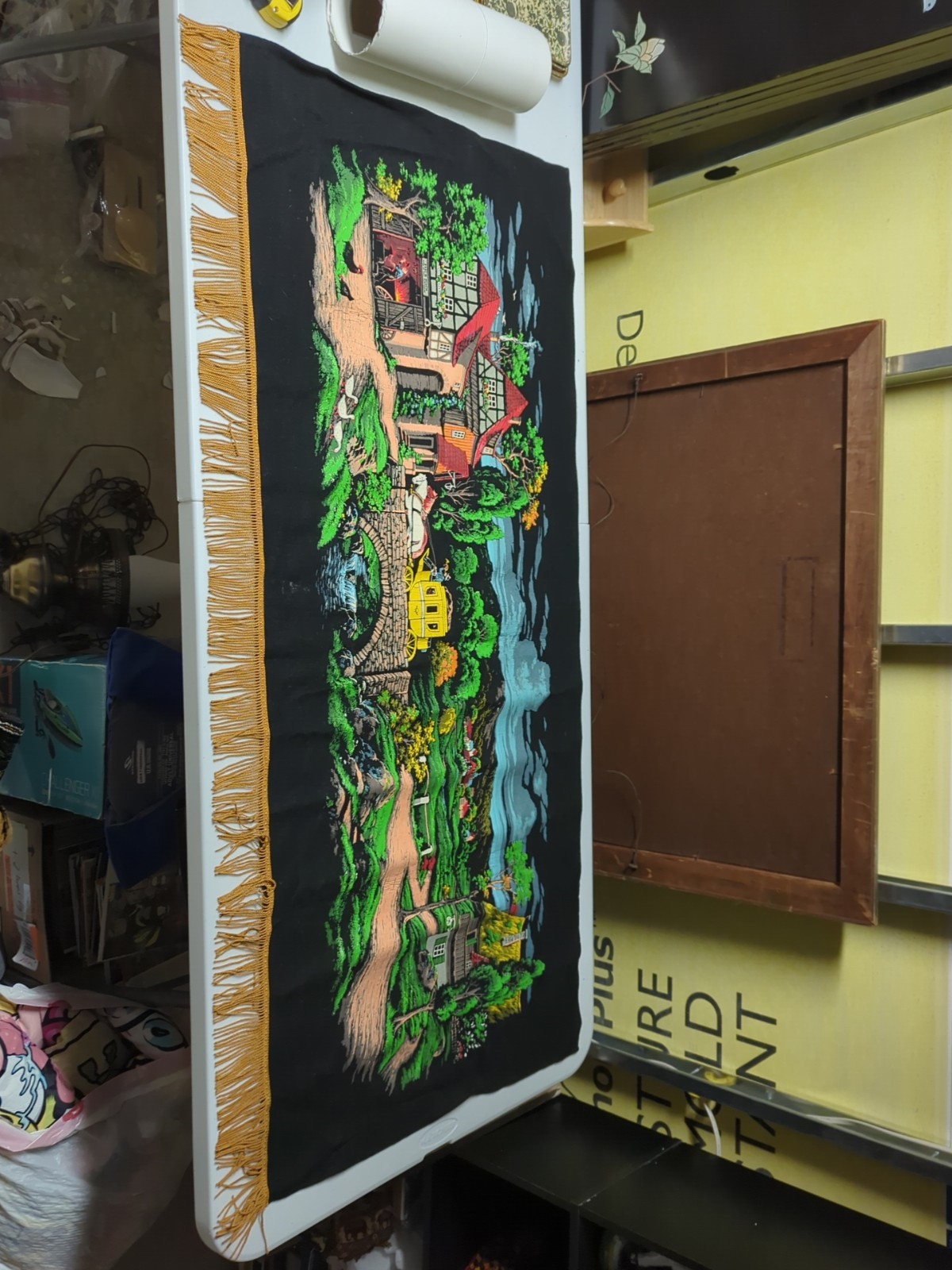 Vintage 56x27" German Countryside Painted Wool Wall Tapestry Wall Art