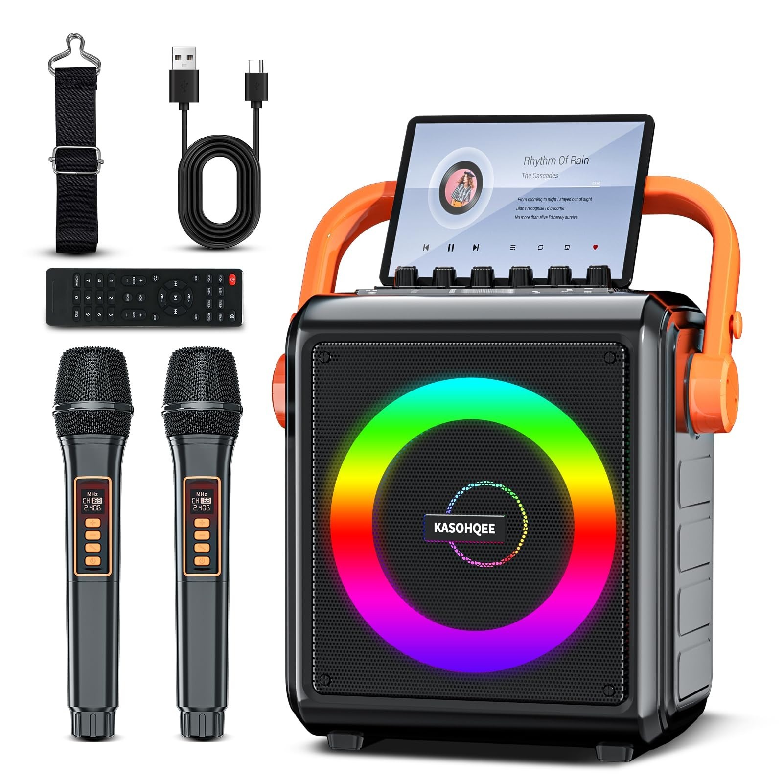 Portable Karaoke Machine with Bluetooth, 2 Wireless Microphones, Lights, AUX, TF