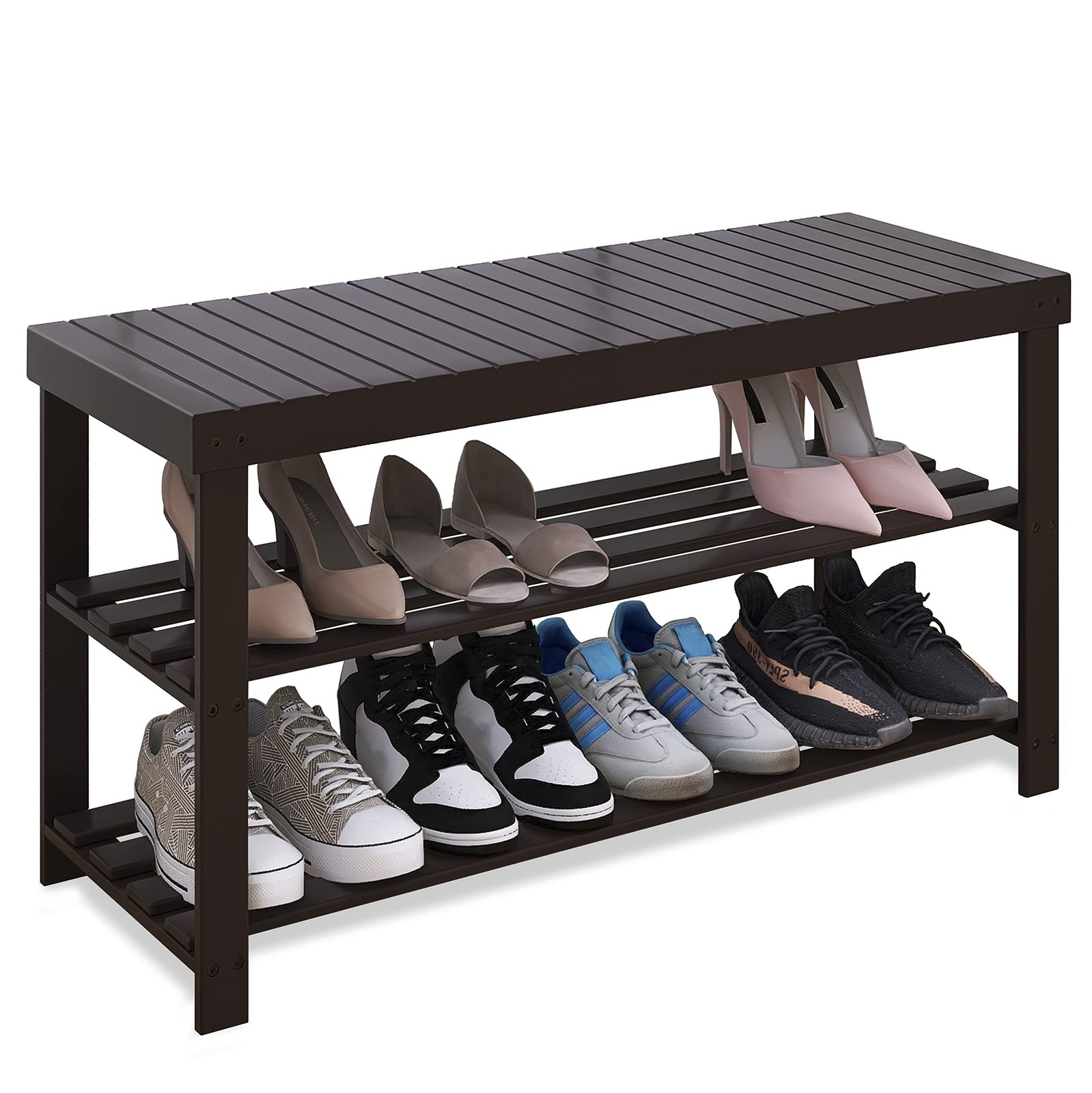 SMIBUY Sturdy Bamboo Shoe Rack Bench, 3-Tier Shoe Organizer, Storage Shelf fo...