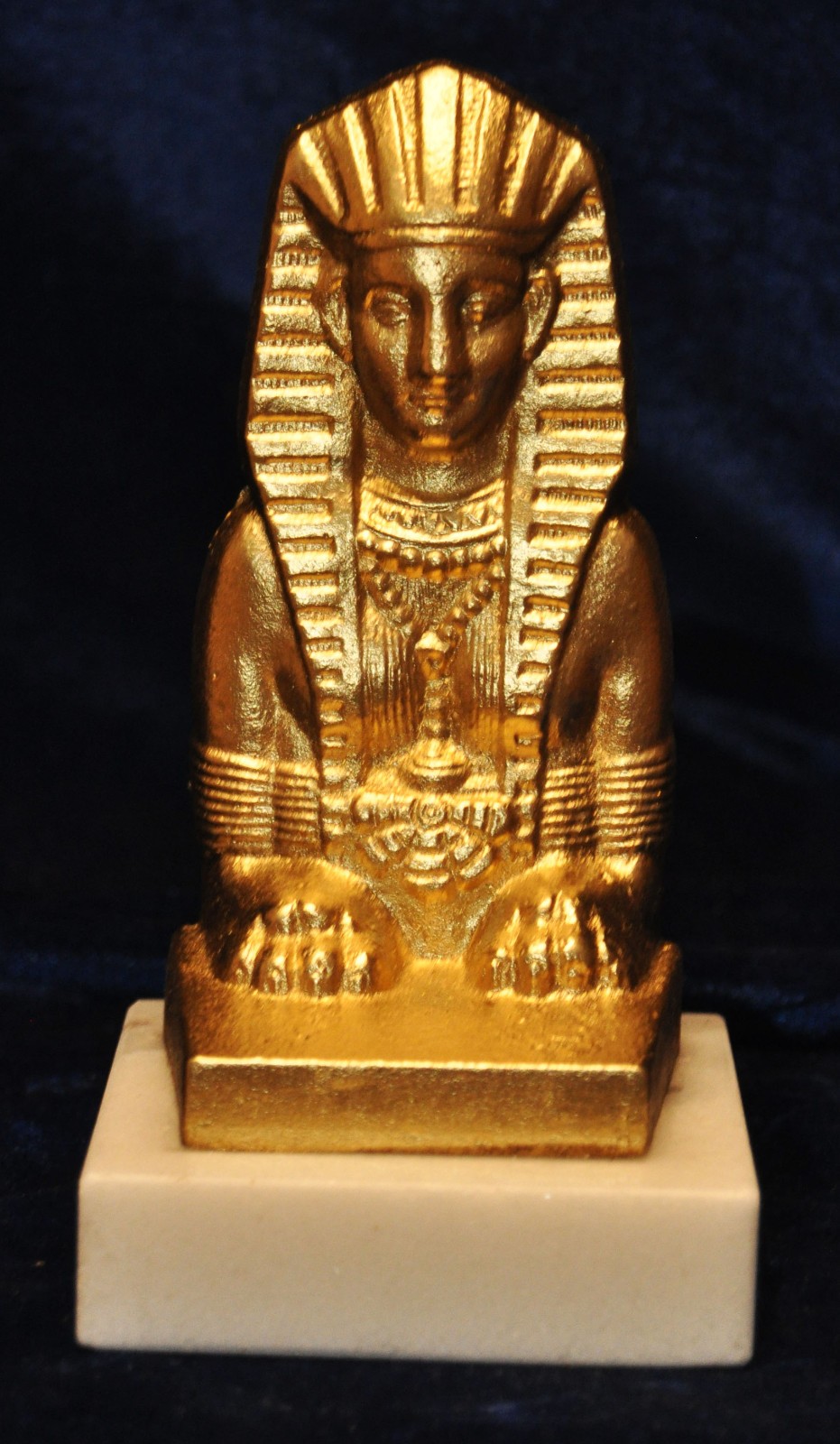 EGYPTIAN SPHINX GILT STATUE PAPERWEIGHT METAL RELIEF LION PHARAOH DECO REVIVAL