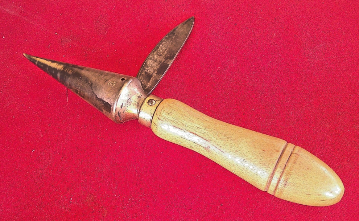 Antique Apothecary Laboratory Wood Brass Cork Borer Cutter Sharpener Knife Tool