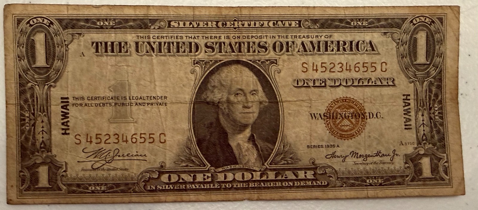 1935-A HAWAII brown seal $1 silver certificate. Emergency Issue. Fine S45234655C