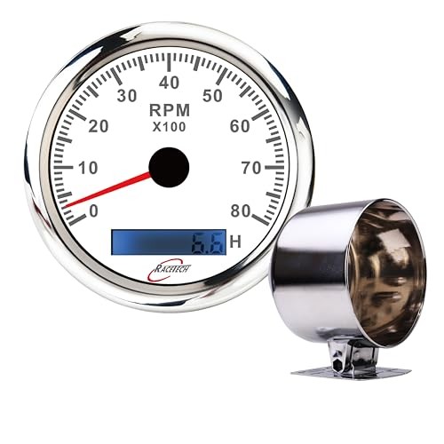  85mm (3-3/8") Electrical White Tachometer with Chrome Gauge Pod Mounting Cup 