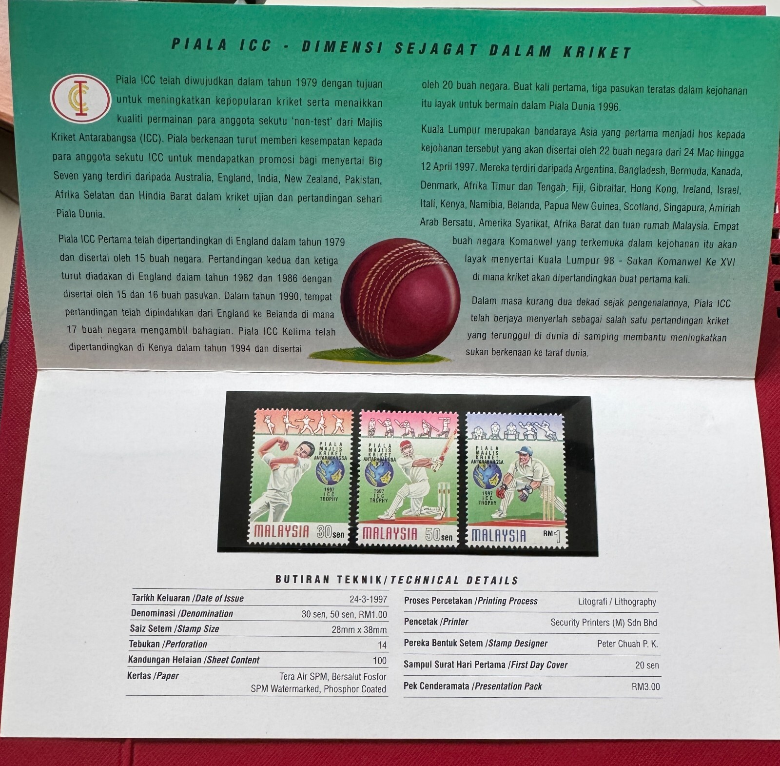 MALAYSIA 1997 ICC Trophy Cricket presentation pack Set of 3V MNH SG#638-640