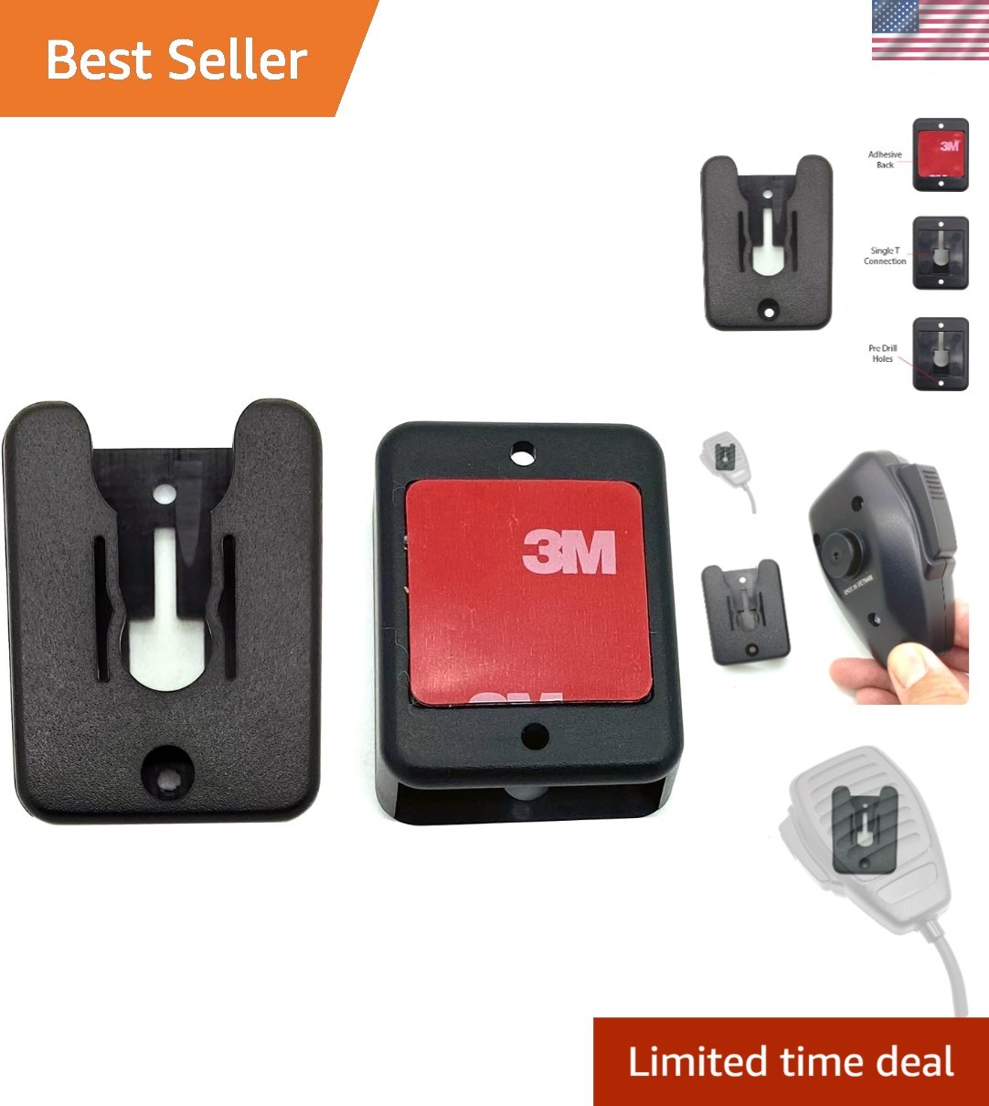 3-in-1 Mic Mount for Ham & CB Radios - Adhesive, Drill, or Clip Installation