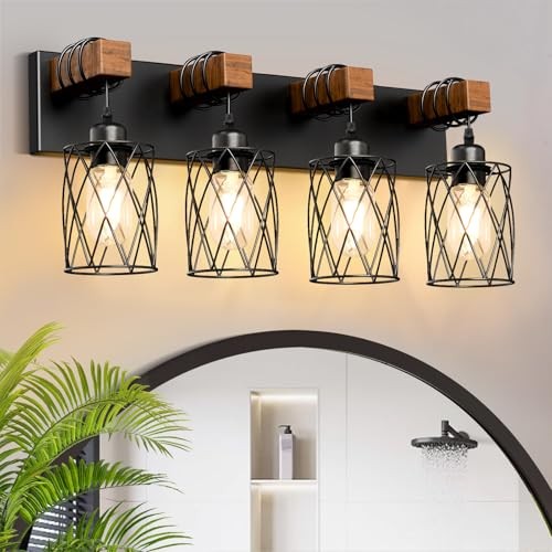  Farmhouse Bathroom Vanity Light, 4-Light Wood Bathroom Light 4 - Light Black