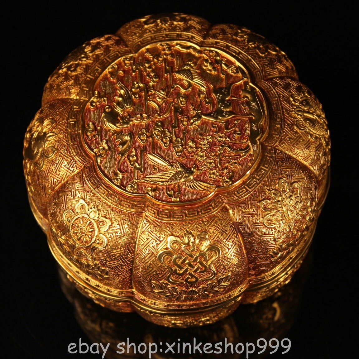 5.2" Old Tibet Bronze 24K Gold Gilt Dynasty Flower crane Jewelry Storage Box