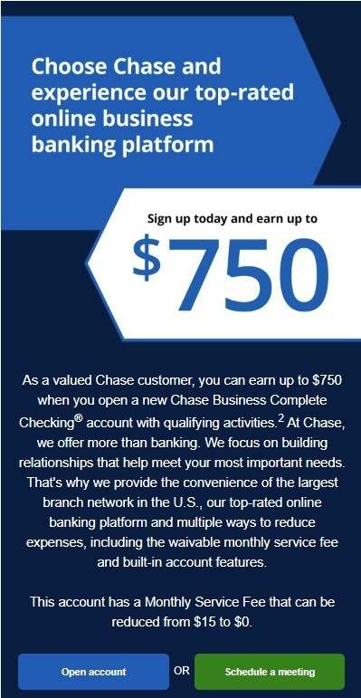 CHASE BANK for BUSINESS CHECKING $750 BONUS COUPON EXP 4/30/2026 PROMO COUPON