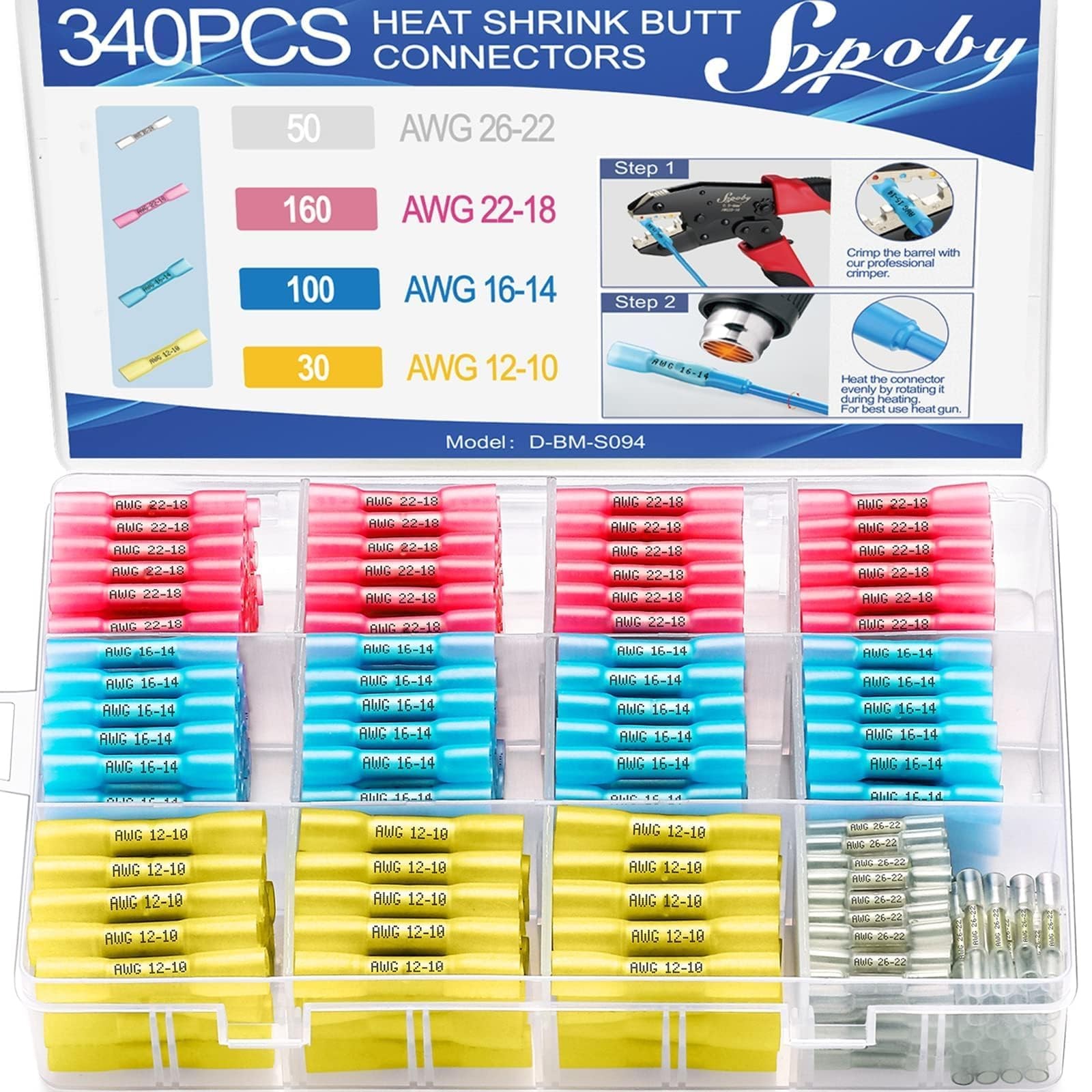 340PCS Heat Shrink Butt Connectors, Marine Grade Electrical Wire Connectors K...