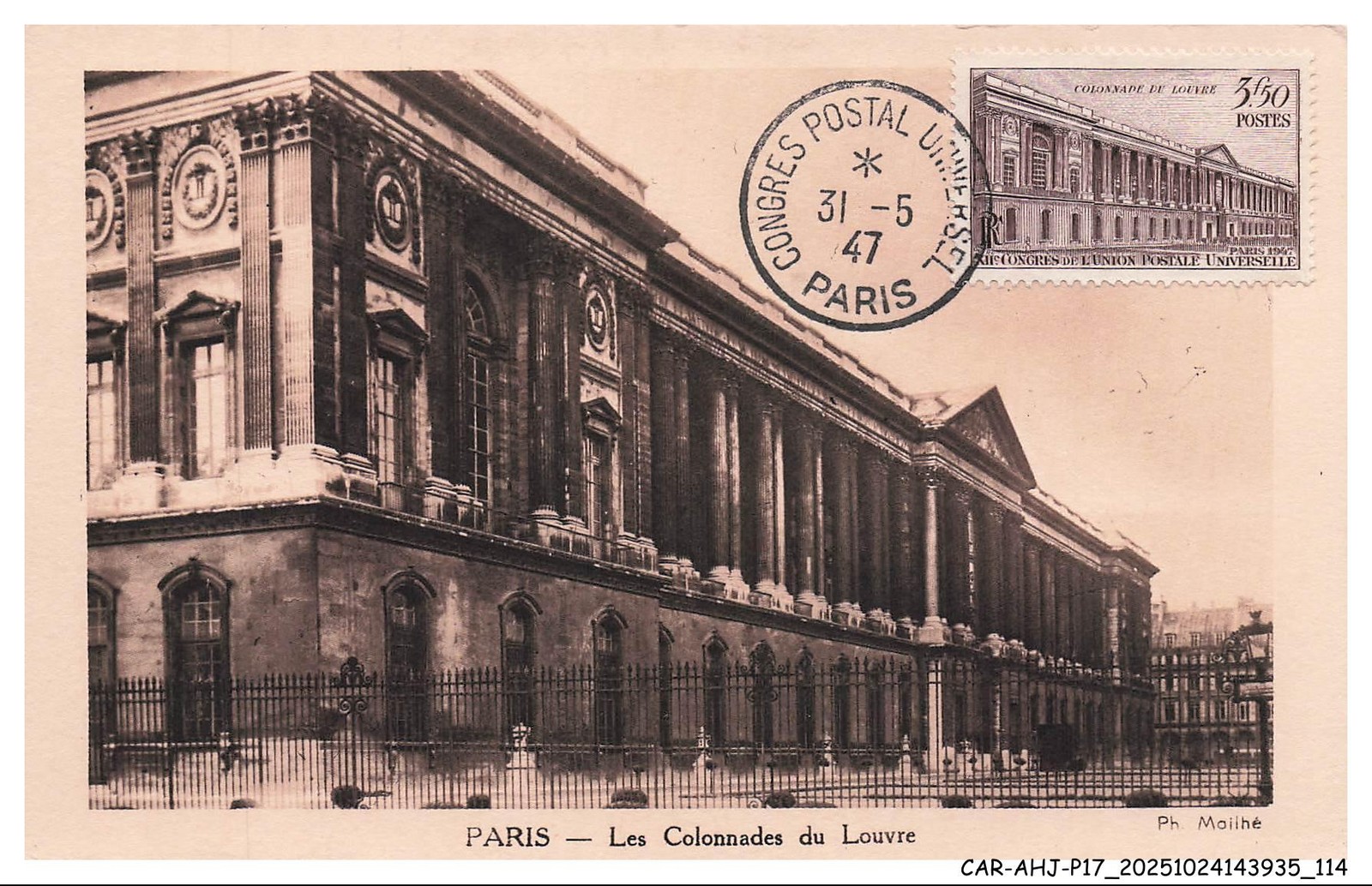 CAR-AHJP17-0834-CARD-MAXIMUM - Paris - The Colonnades Of The Louvre - 1947