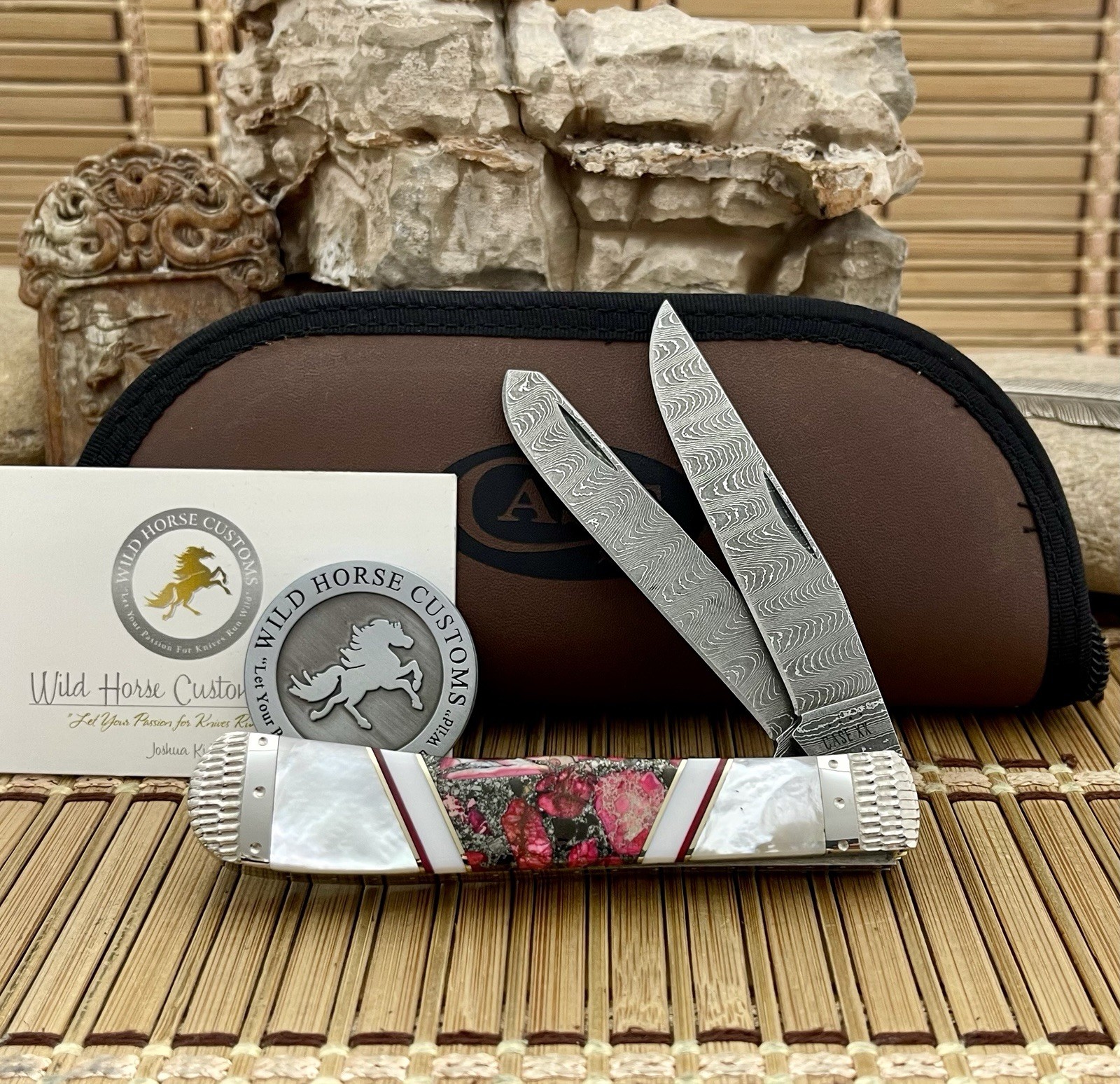 Case XX Wild Horse Custom Pink Turquoise w/Pyrite Damascus Trapper Knife #1/1